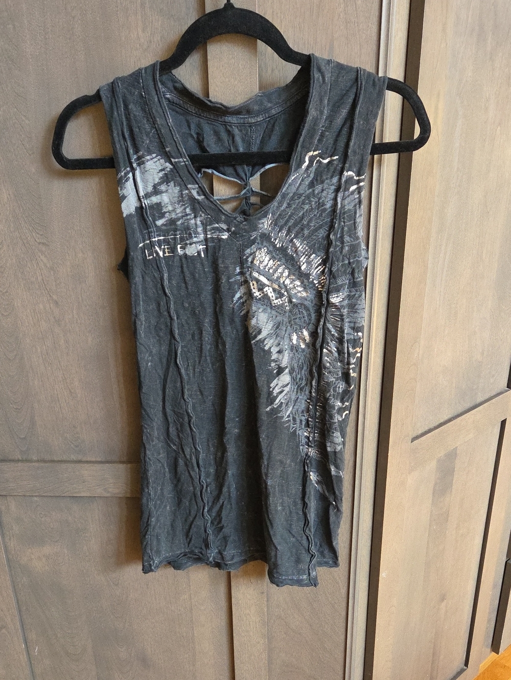 Affliction Women's Black Graphic Sleeveless Tank with V-Back Detail